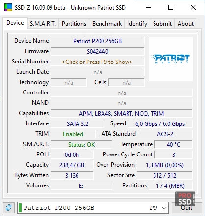 SSD-Z test SSD PATRIOT P200 P200S256G25 256Gb